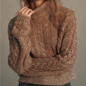 Pilcro Shine Cable-Knit Turtleneck Sweater Size Small Tan Gold‎ Metallic Shimmer